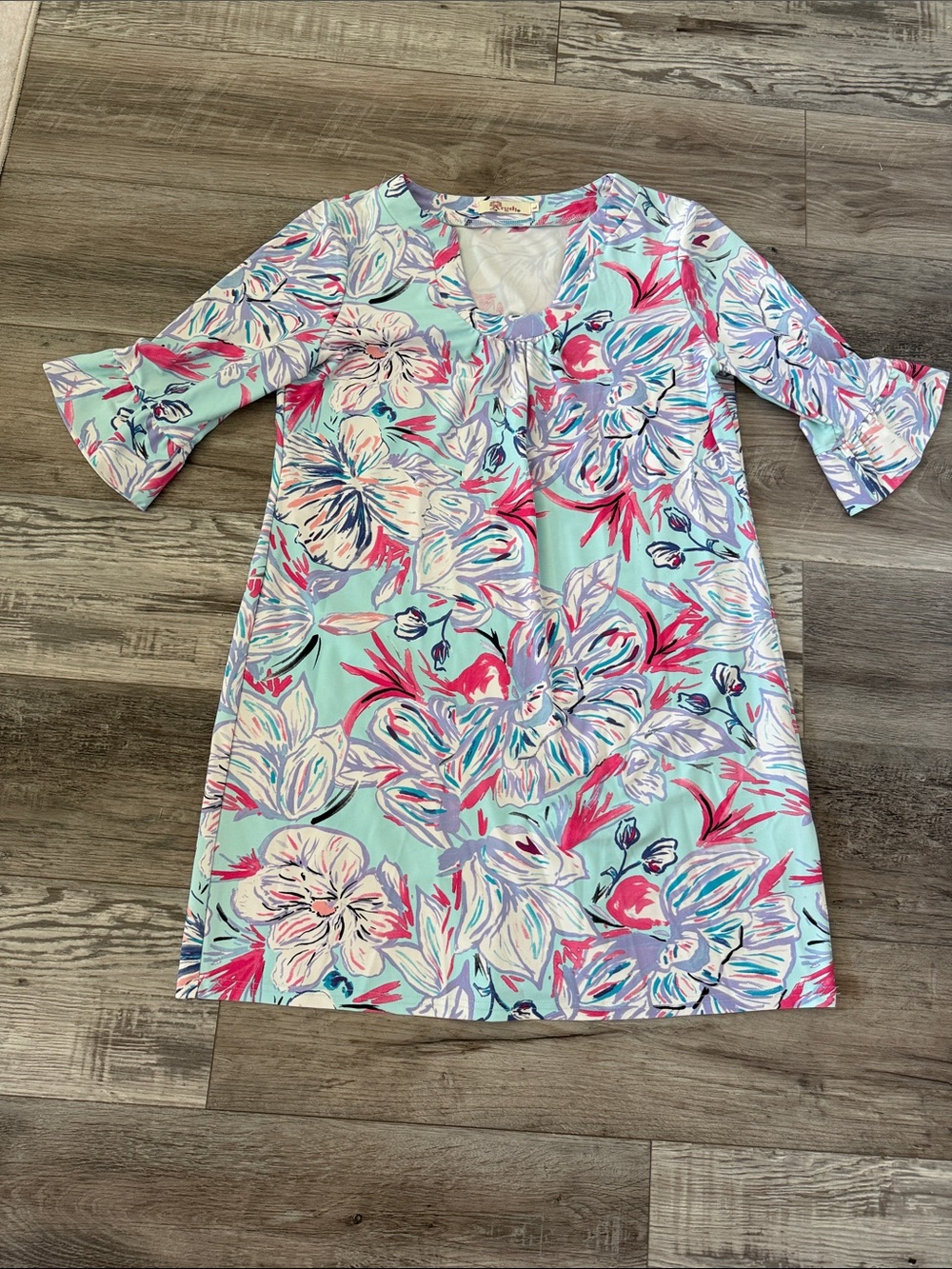 Aryeh Aqua Floral Midi Dress with Pink & Lavender Accents
